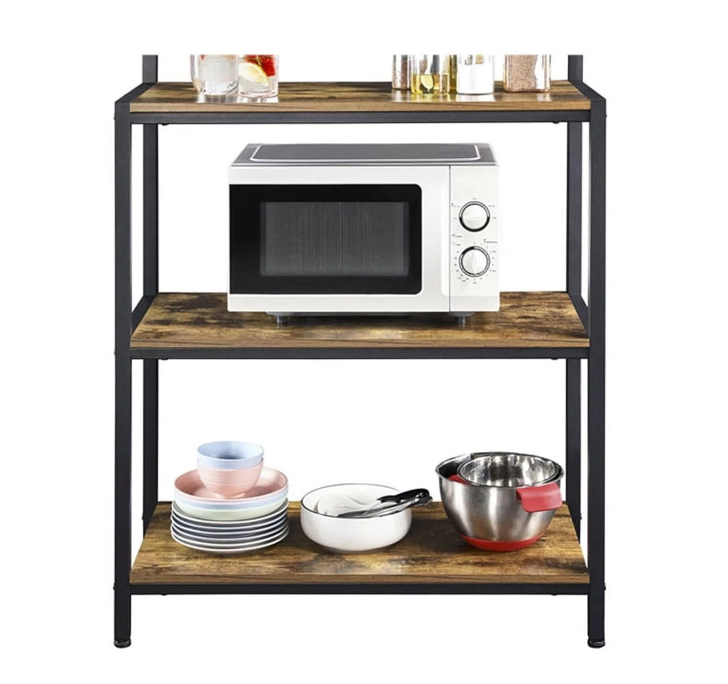 67" Wooden Rustic Brown Bakers Rack with 4 Storage Shelves & 10 Hooks Y118