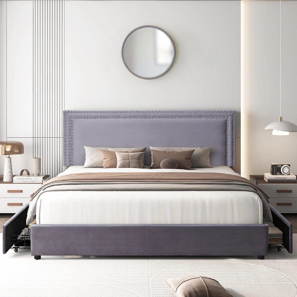 Full Bed Frame with 4 Storage Drawers and Adjustable Headboard L599