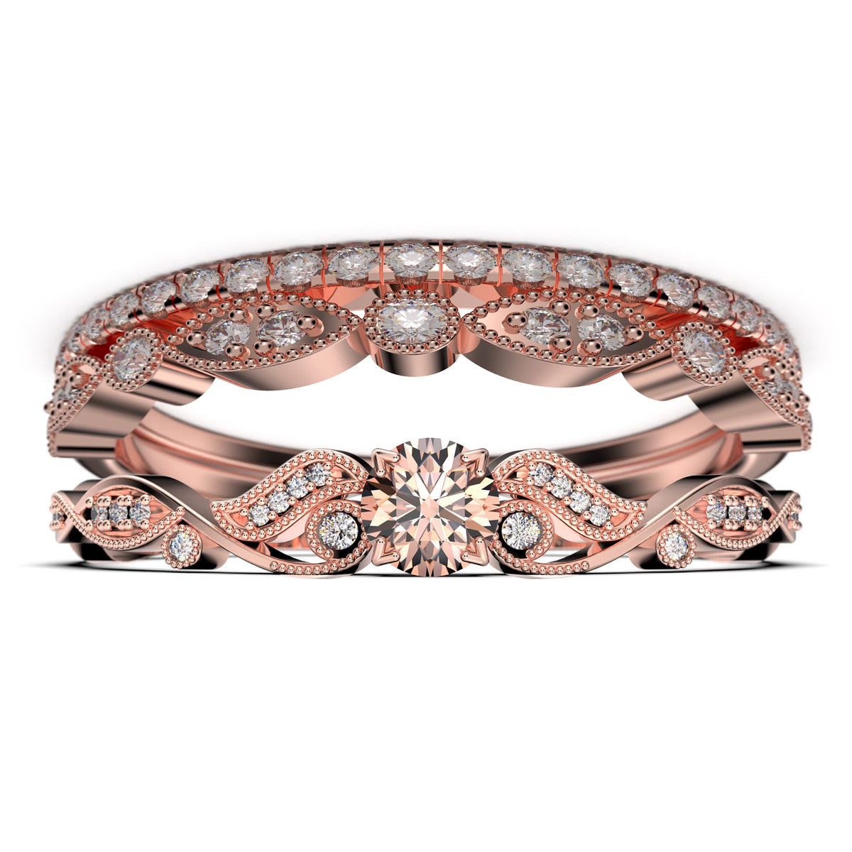 1.75 Carat Round Cut Morganite And Diamond Moissanite Engagement Ring in 10k Solid Rose Gold E7550