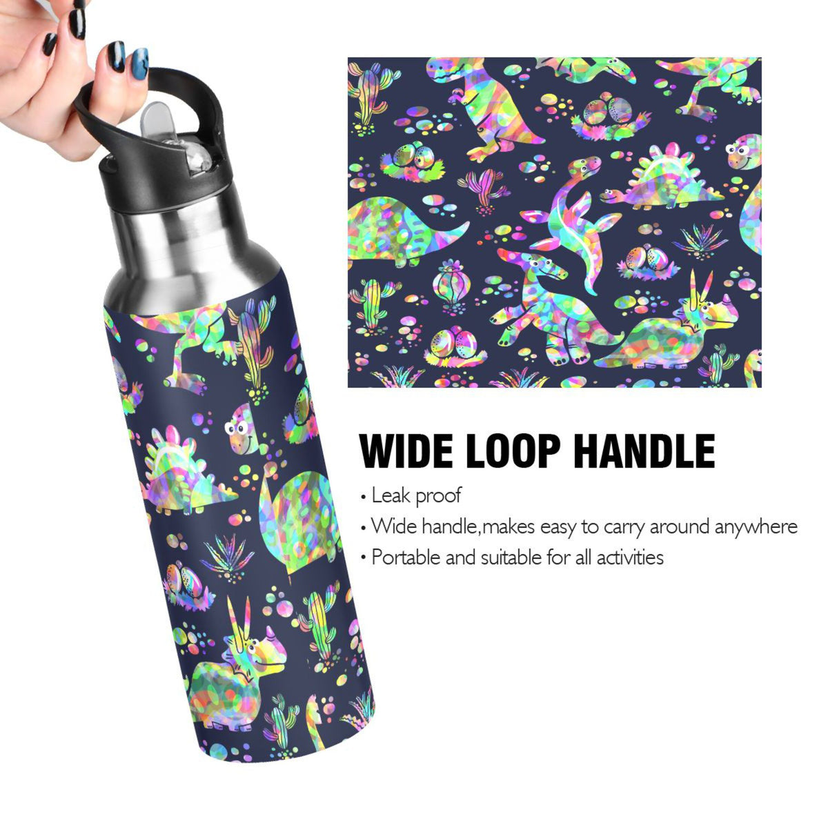 Rainbow Dinosaur Stainless Steel Insulated Water Bottle with Straw Lid L46172