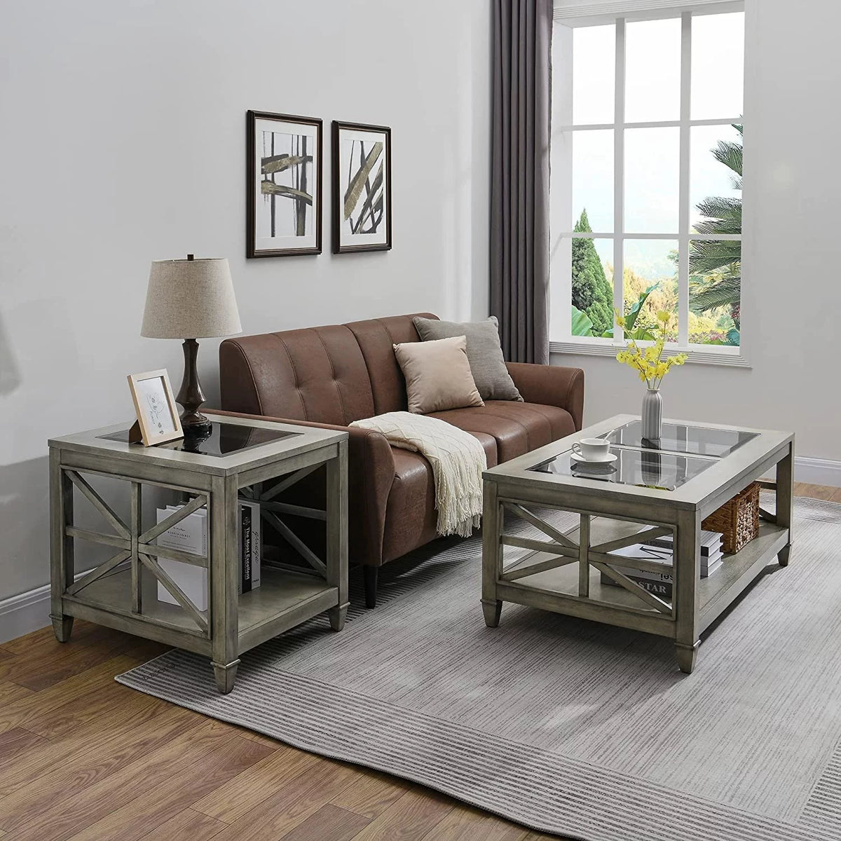 Square Wood End Table with Glass Top Grey K469446