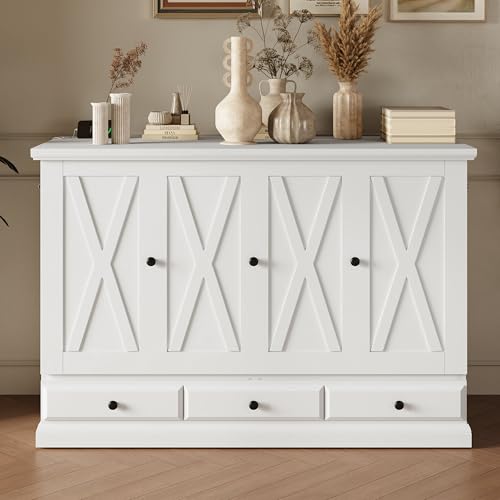 Queen Size White Solid Pine Murphy Bed with Charging Station and Drawer S227