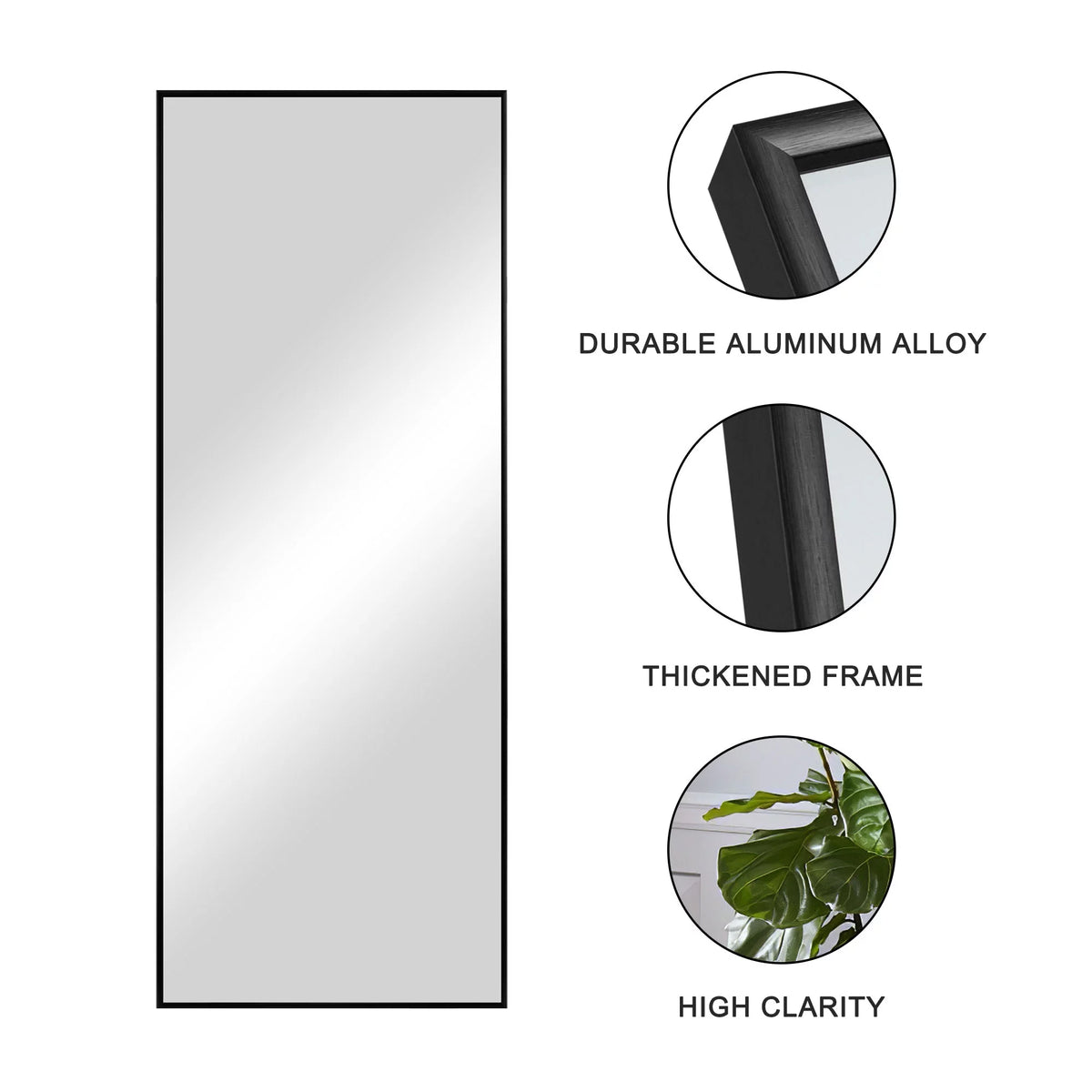 51"x16" Rectangular Full Length Floor Mirror with Stand Black D571