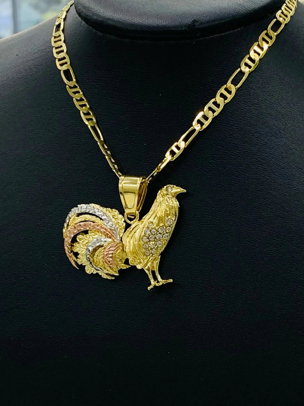 14K Solid Gold Filled Rooster Necklace Pendant CZ Mariner Chain 24" J495