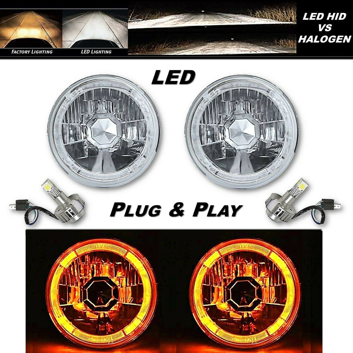 Amber LED Halo Angel Eye Crystal Clear Headlight Pair O32400