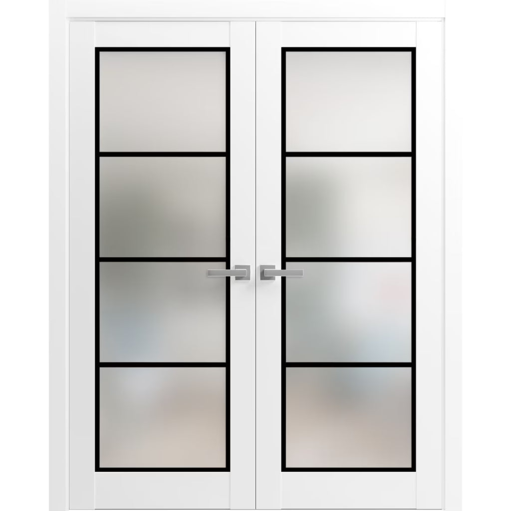 Solid French Double Doors 36 x 80 inches White Frosted Glass Wood M142236