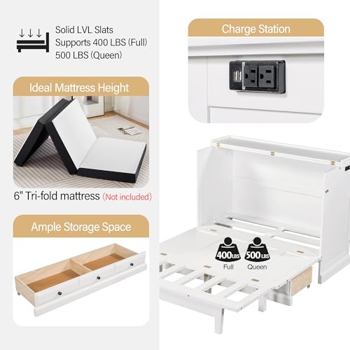 Queen Size White Solid Pine Murphy Bed with Charging Station and Drawer S227