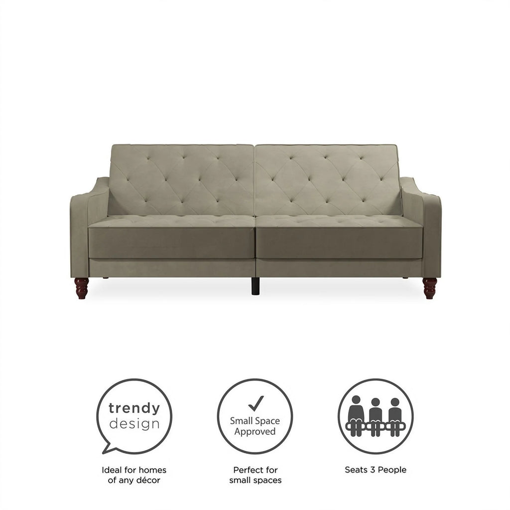 Vintage Tufted Split Back Futon in Taupe Velvet E46014