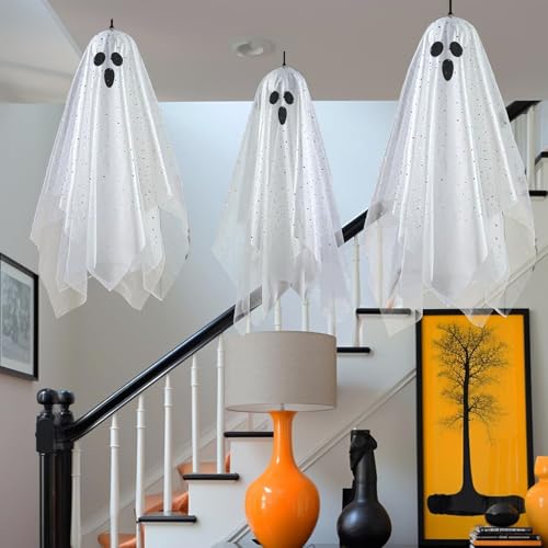 3 Pack 12" Lighted Hanging Ghost Halloween Decorations with Sheer Gauze N4580