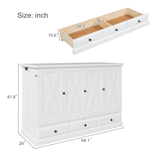 Queen Size White Solid Pine Murphy Bed with Charging Station and Drawer S227