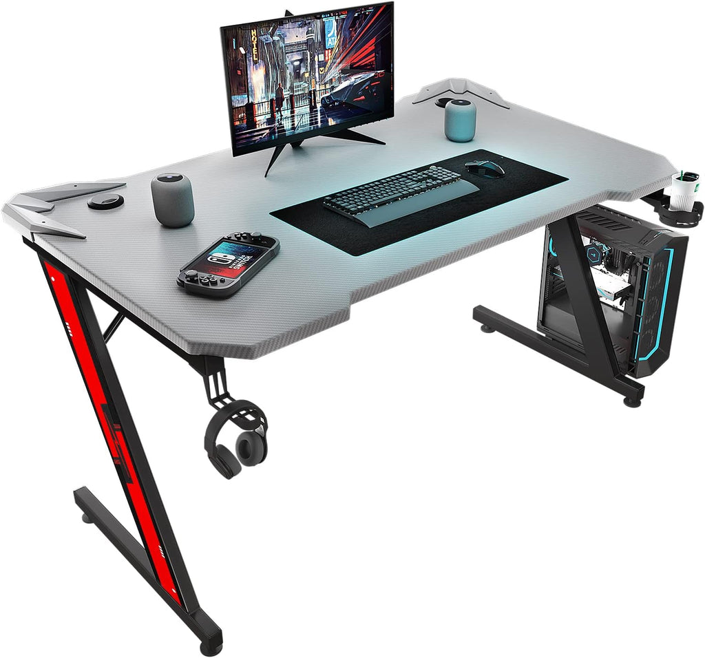 44 Inch Black Gaming Desk with Carbon Fiber Surface Cup Holder and Headphone Hook H19422