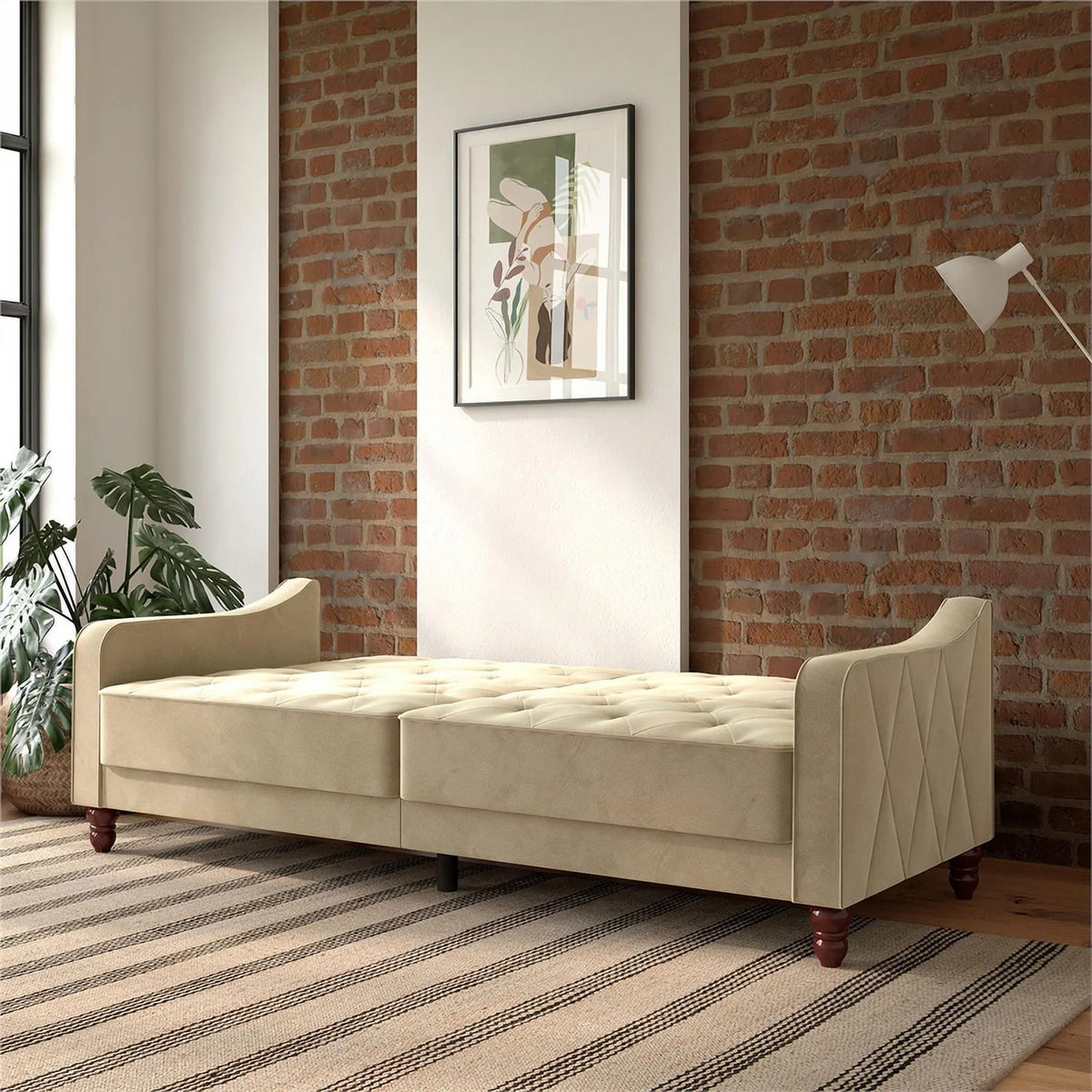 Vintage Tufted Split Back Futon in Taupe Velvet E46014