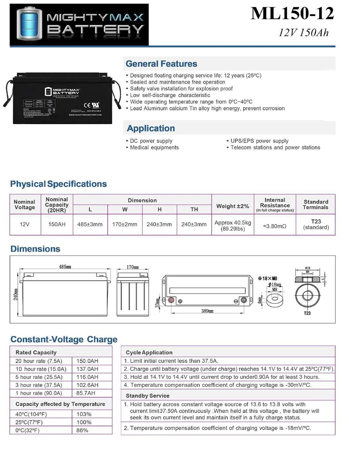 12V 150AH SLA Replacement Battery B199573