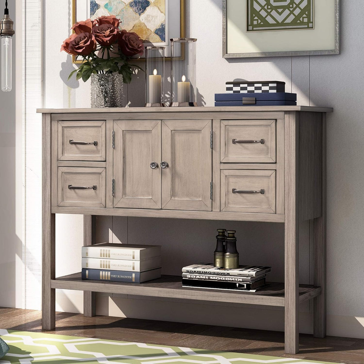 Green Wood Buffet Console Table with Drawers & Open Shelf L499