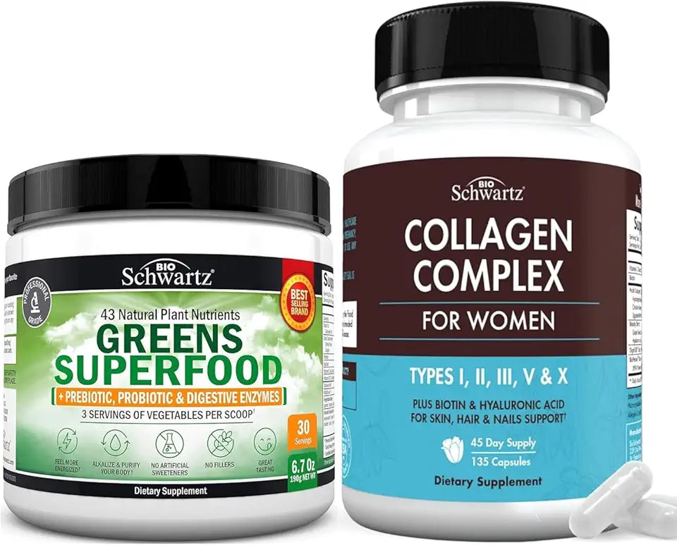 Super Greens Powder with Probiotics Prebiotics and Digestive Enzymes 30 Servings and Hydrolyzed Collagen Peptide Capsules 45 Day Supply D52848